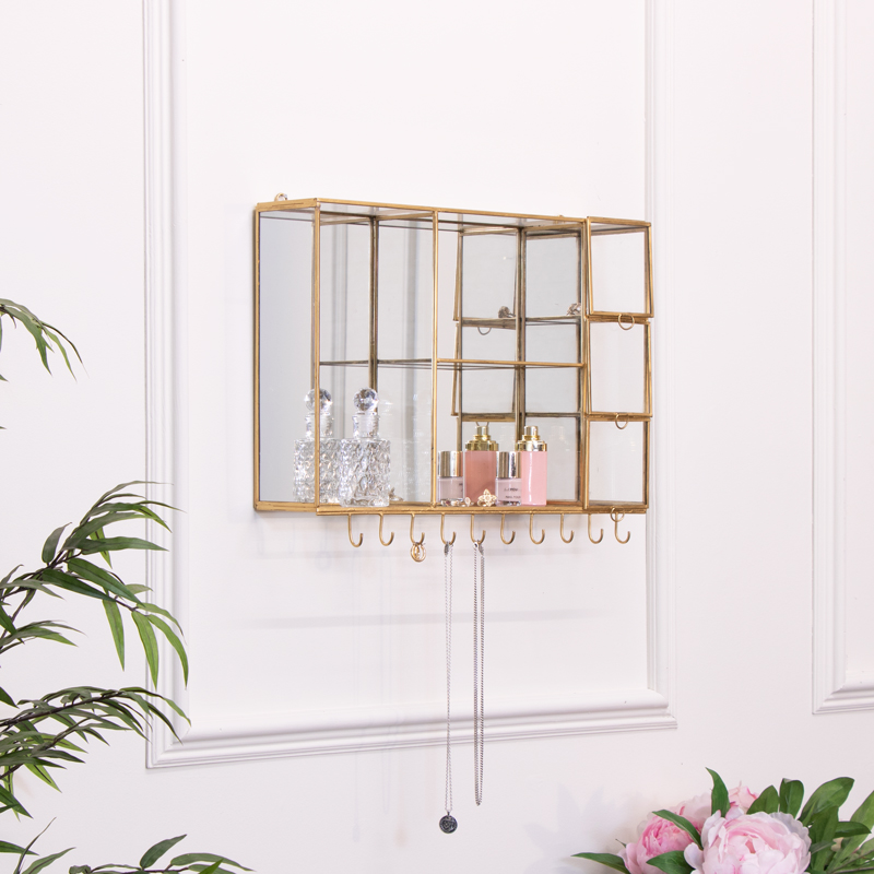 Gold Mirrored Wall shelf with Hooks 
