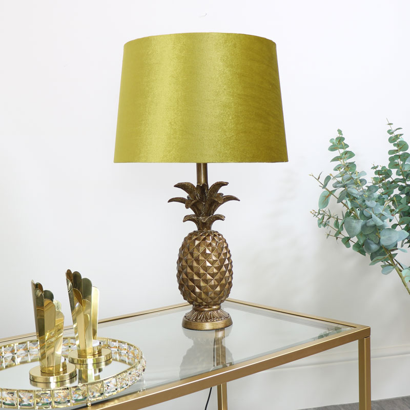 Gold Pineapple Lamp With Mustard Velvet, Pineapple Table Lamp Uk