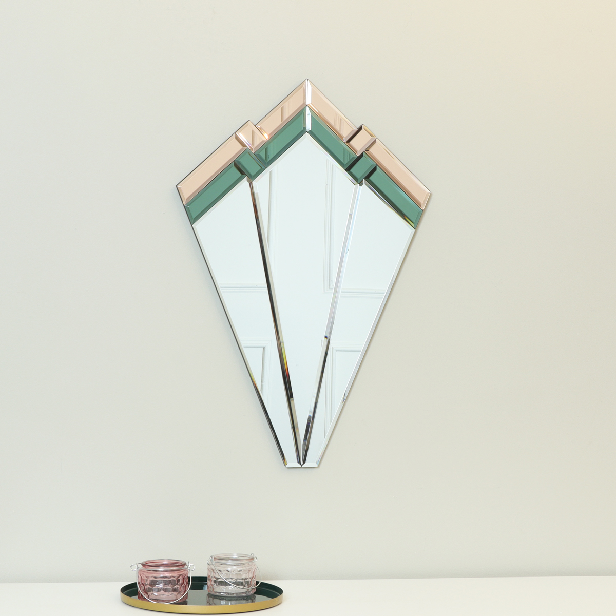 Green & Pink Glass Art Deco Fan Wall Mirror 60cm x 40cm