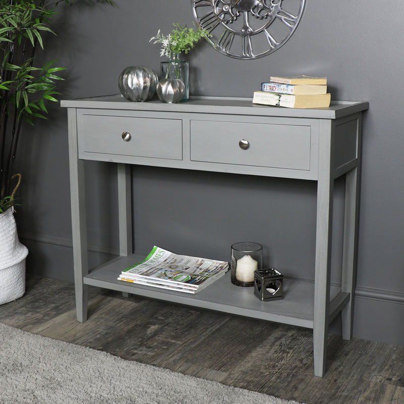 grey console table with drawers