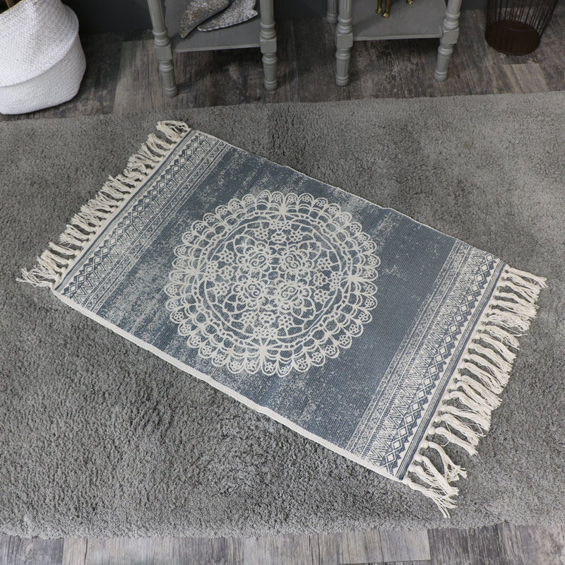 Grey and Cream Mandala Patterned Tassel Floor Rug