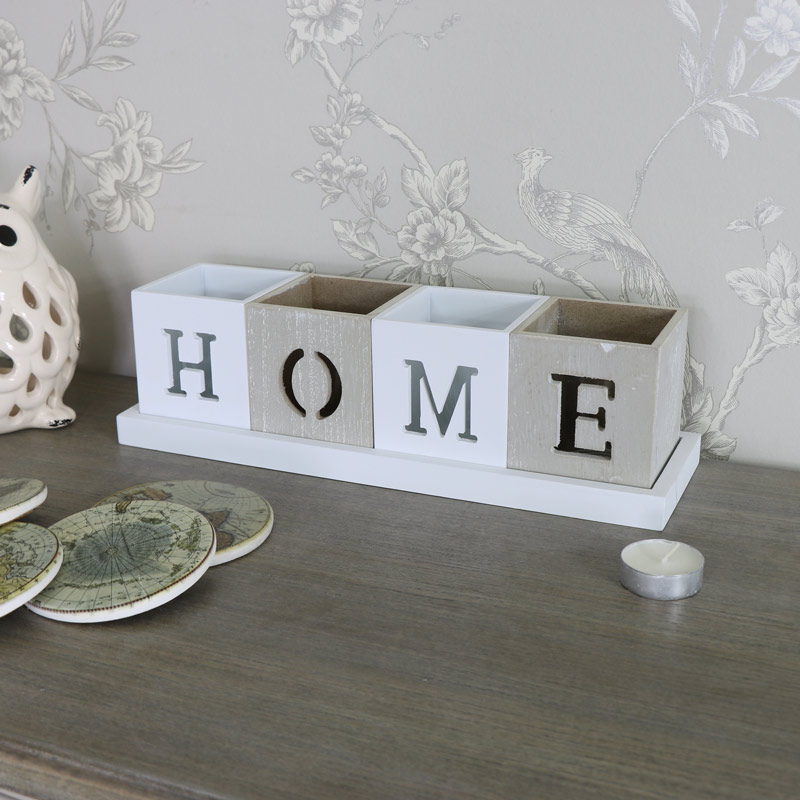 Grey and White 'HOME' Tealight Holder