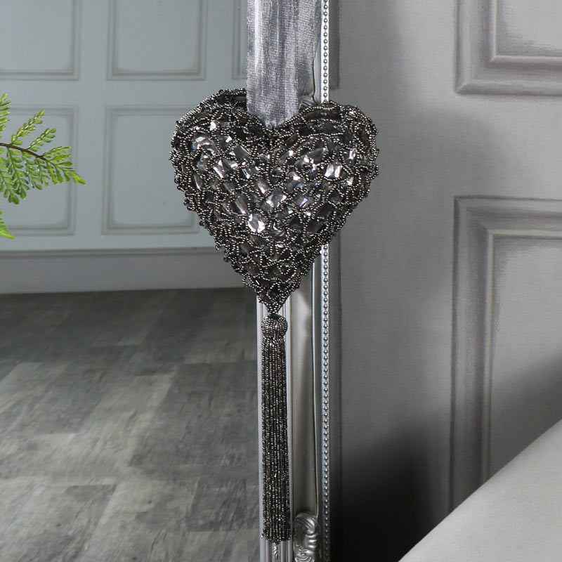 Grey Beaded Hanging Heart Decoration