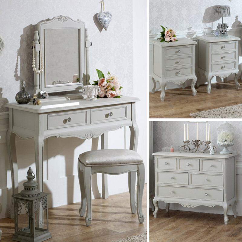 Grey Bedroom Furniture, Large Chest of Drawers, Dressing Table Set & Bedside Tables - Elise Grey Range