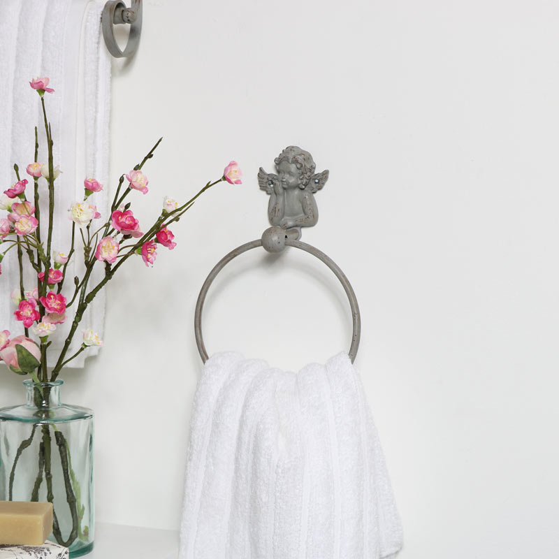 Grey Cherub Towel Ring Vintage French Shabby Chic Bathroom Decor Accessory Ebay
