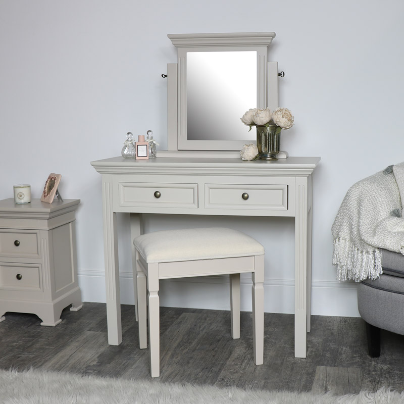 Détails Sur Gris Coiffeuse Tabouret Vanity Miroir Meubles De Chambre Peinte à La Main En Bois Set Afficher Le Titre D Origine