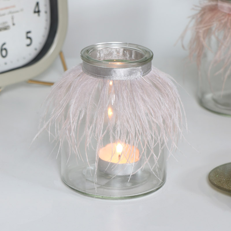 Grey Feathered Glass Tealight Holder