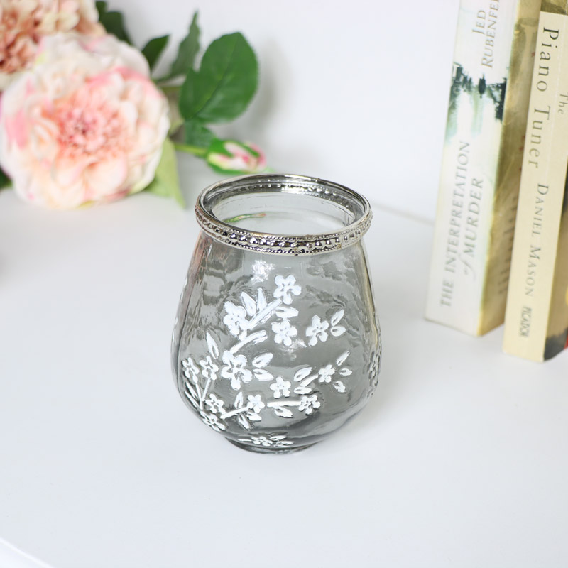 Grey Glass Blossom Tealight Holder