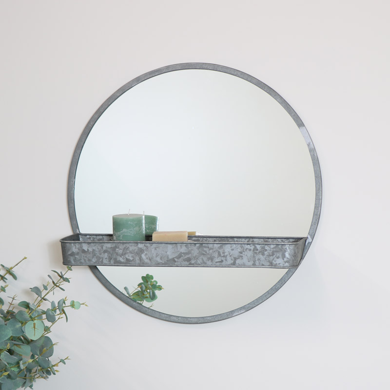 Grey Industrial Round Mirror with Shelf 61cm x 61cm