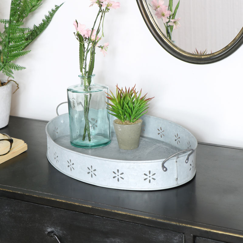 Grey Metal Oval Serving Tray