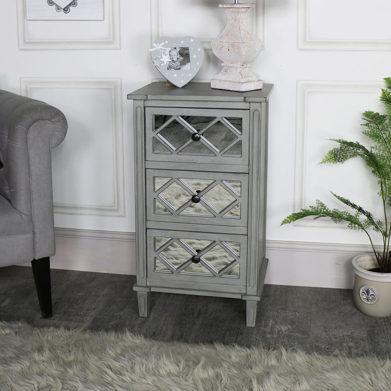 Grey Mirrored Bedside Lamp Table Vienna, Mirrored Bedside Dresser