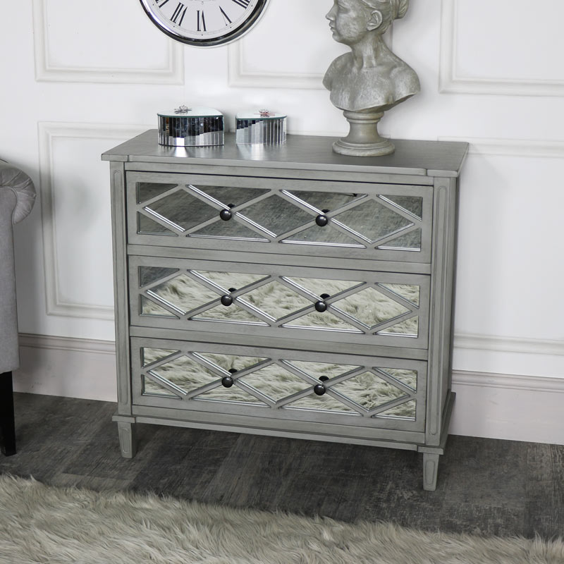 Ornate Grey Mirrored 3 Drawer Chest Of Drawers Vintage Bedroom