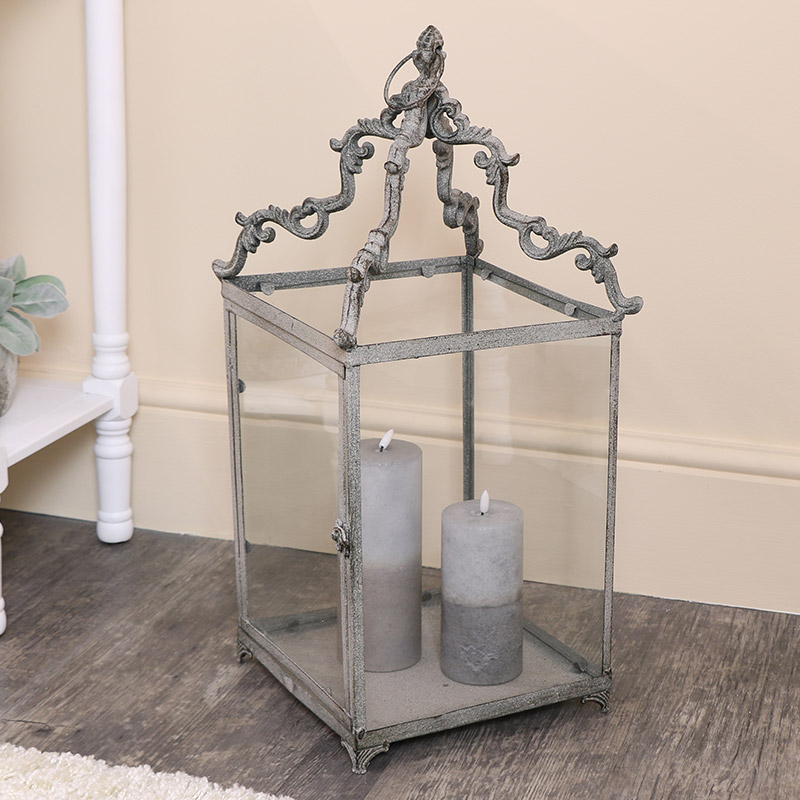 Grey Ornate Metal & Glass Candle Lantern