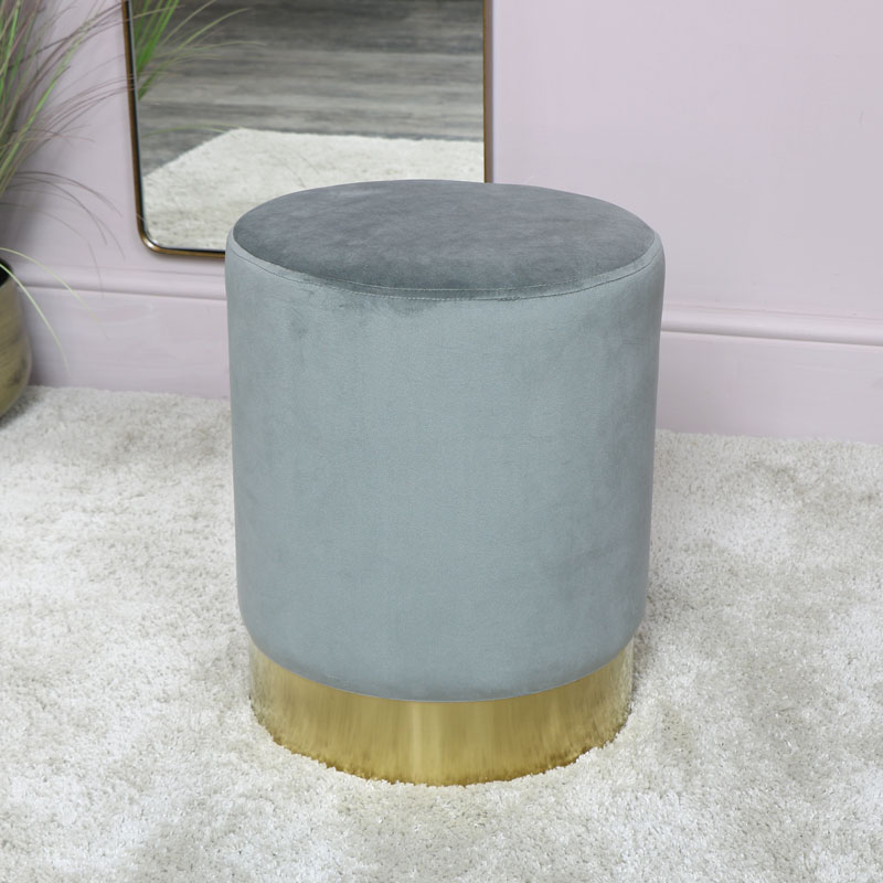 Grey Velvet Stool with Gold Base