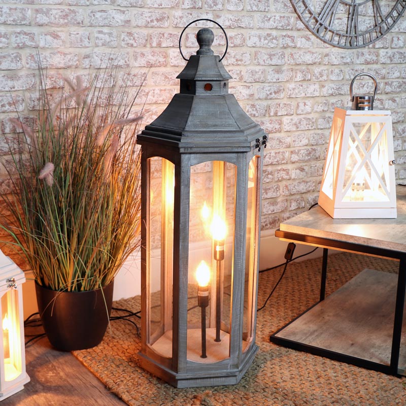 Grey Wooden Lantern Style Floor Lamp, Rustic Wooden Floor Lamp Uk