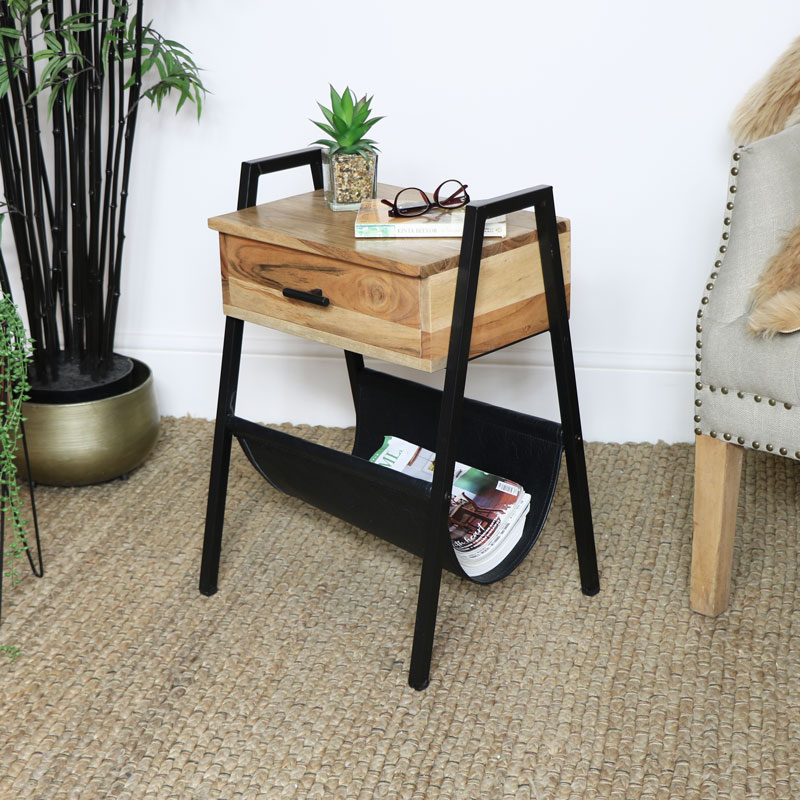 Industrial Side Table with Magazine Rack