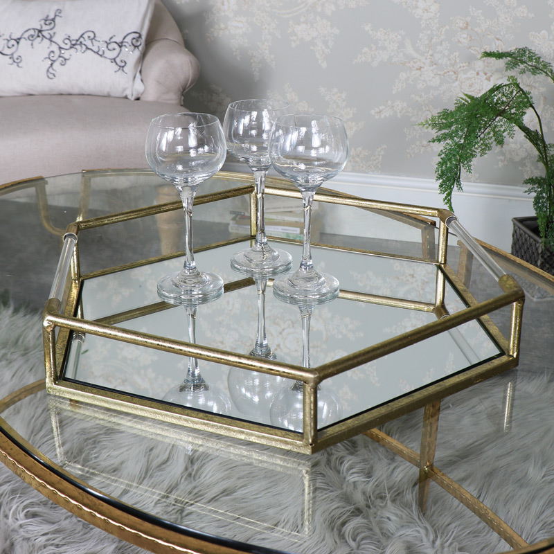 Large Antique Gold Hexagonal Mirrored, Large Gold Mirrored Cocktail Tray