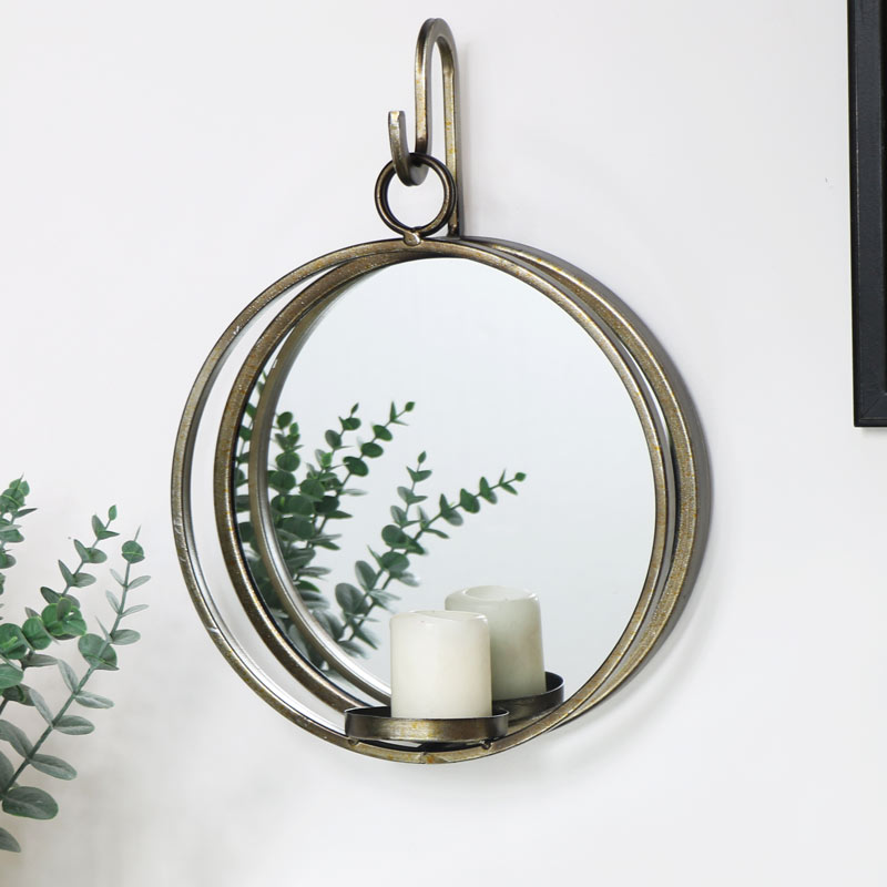 Large Antiqued Gold Mirror With Candle Sconce Large Antiqued Gold Mirror With Candle, Mirrored Wall Sconces For Candles Uk