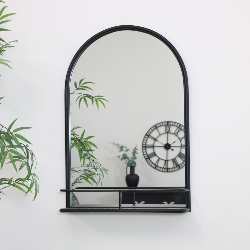 Large Black Arched Mirror with Shelf