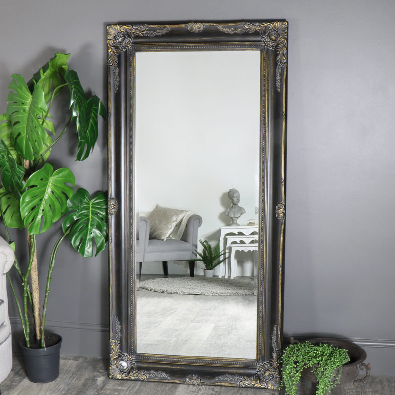 Large Black Distressed Ornate Mirror 158cm X 79cm - Distressed Wall Mirrors Uk