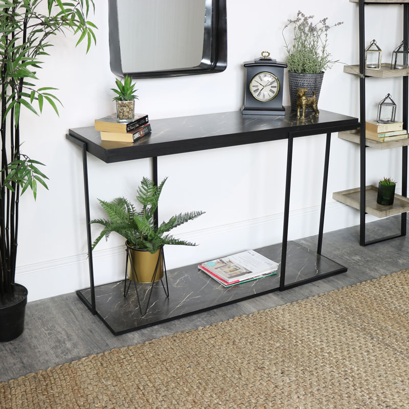 Large Black Marble Effect Console Table