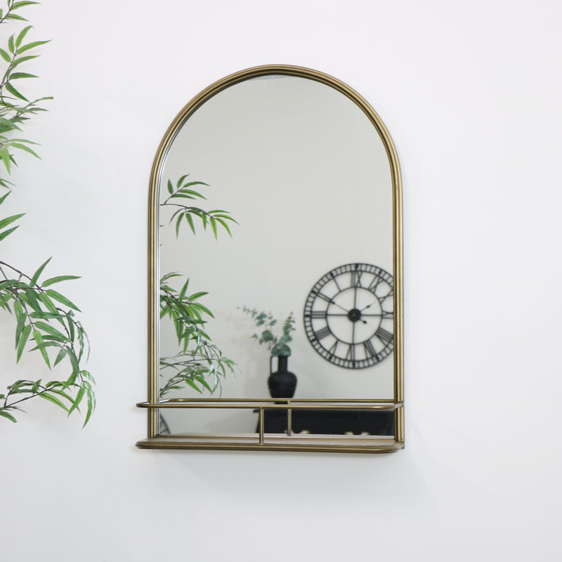 Large Brass Arched Mirror with Shelf 