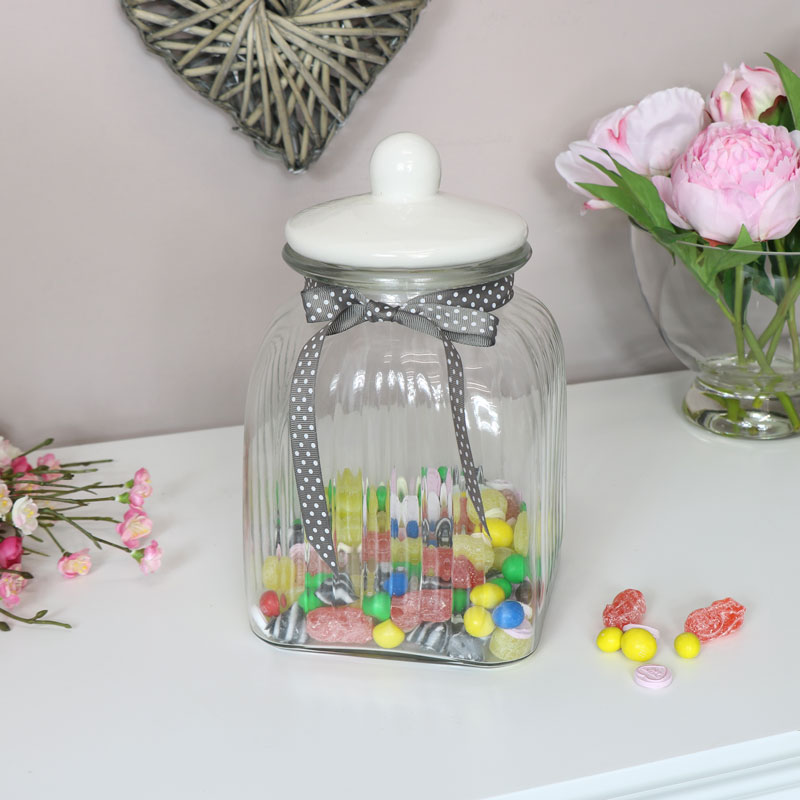 Large Glass Ribbed Storage Jar with White Ceramic Lid