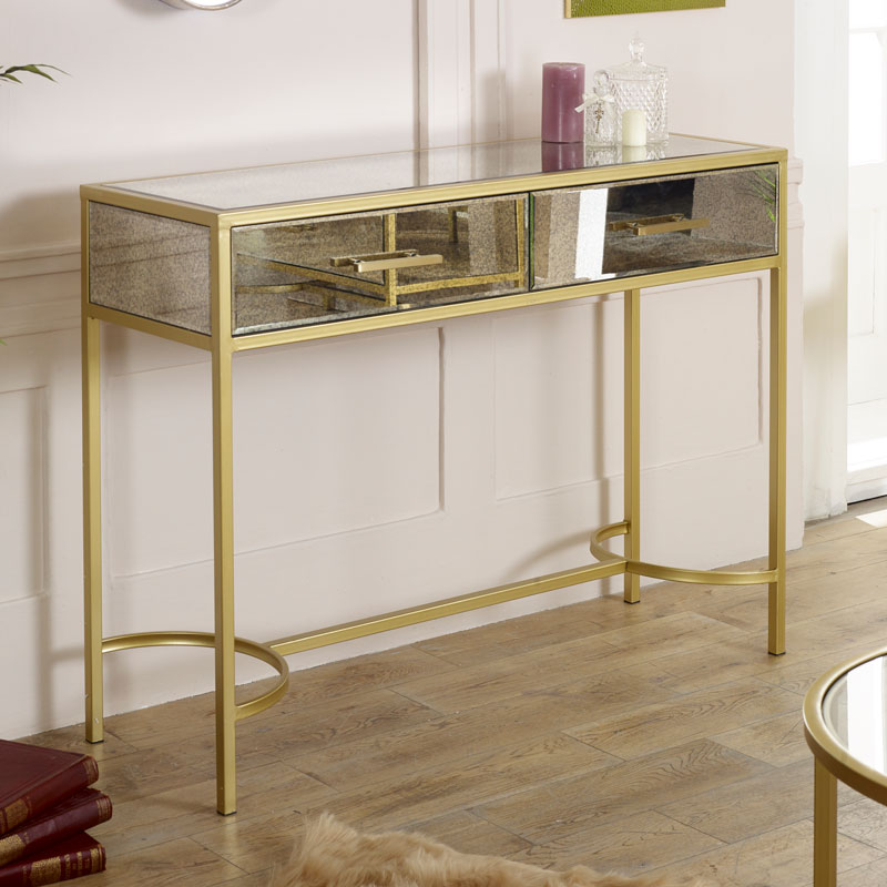 Gold Antique Mirrored Console Table, Vintage Style Console Table
