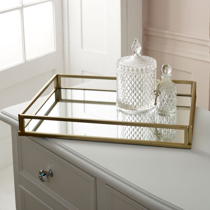 Large gold rectangle mirrored cocktail serving tray vintage