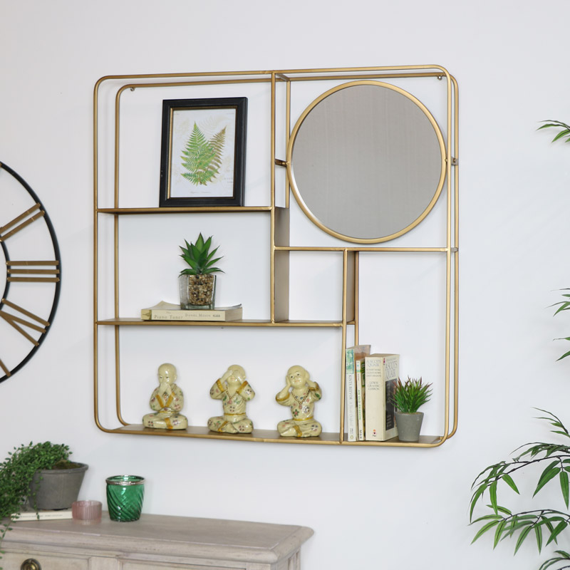 Large Gold Multi Shelf Mirrored Wall Unit 