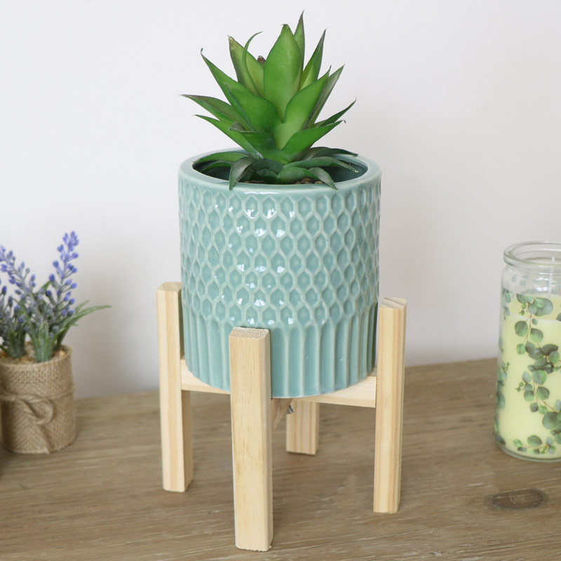 Large Green Planter with Wooden Stand