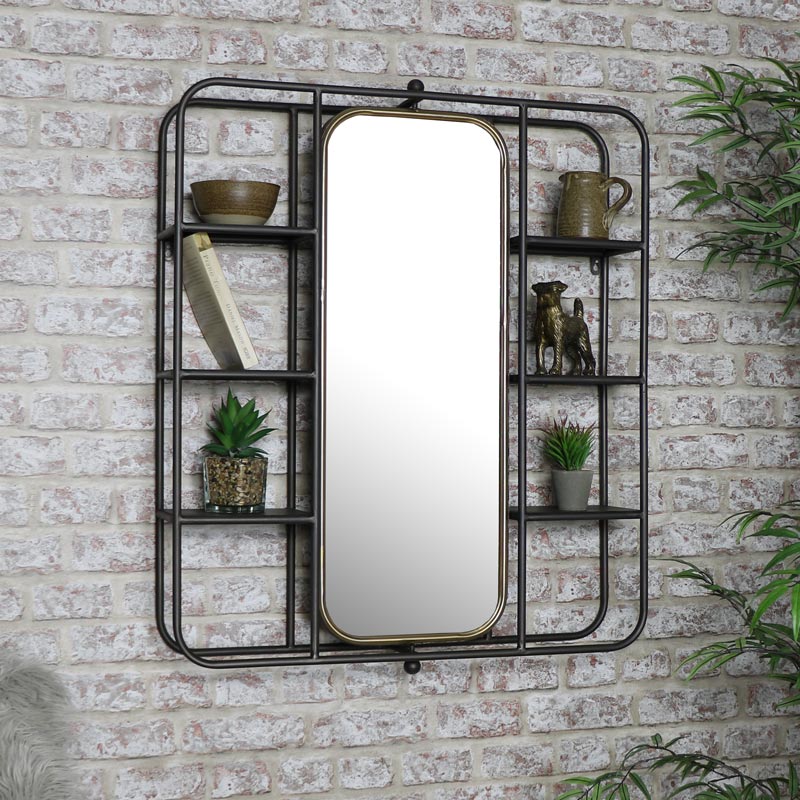 Large Industrial Mirrored Wall Shelving, Mirrored Glass Wall Shelf