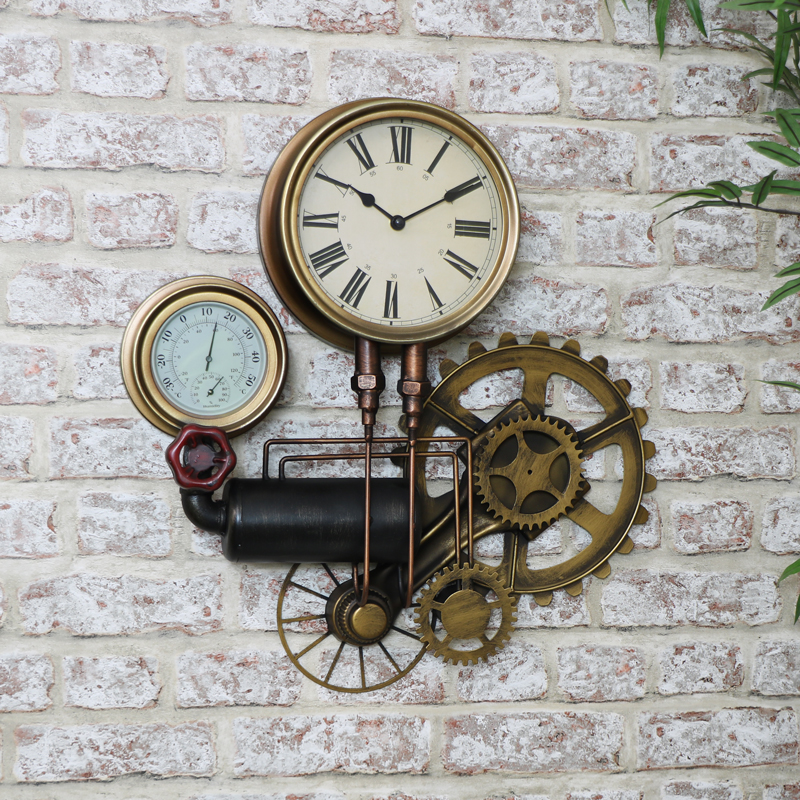 Industrial Wall Clock Large Waterworks Steampunk Pipe Clock Thermometer