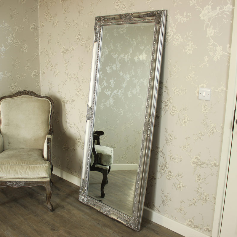 Large Ornate Silver Wall Floor Mirror, Distressed Floor Mirror