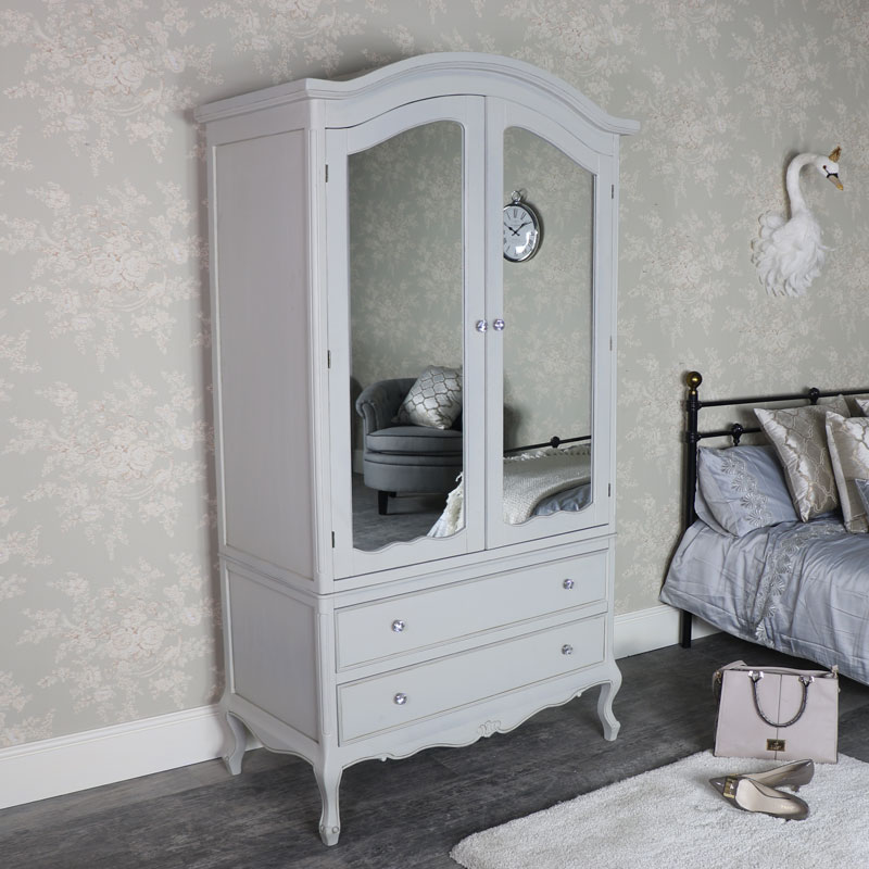 Large Ornate Vintage Grey Mirrored Double Wardrobe - Elise Grey Range DAMAGED SECONDS 1090