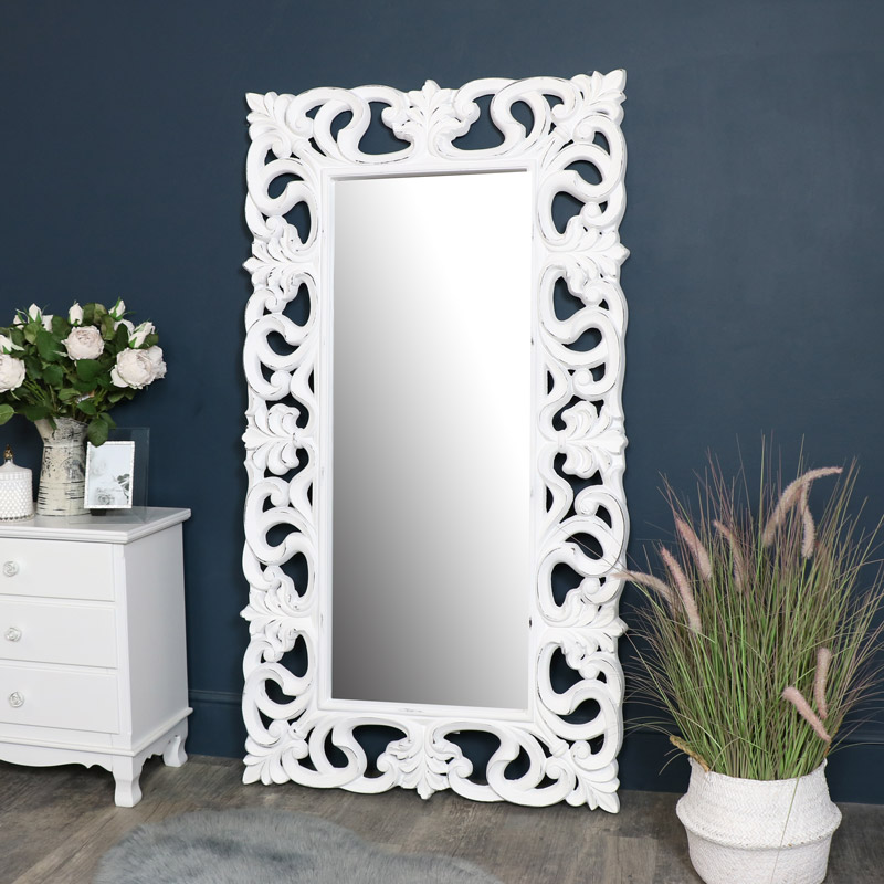 Large Ornate White Wall Floor Mirror, Distressed Full Length Floor Mirror