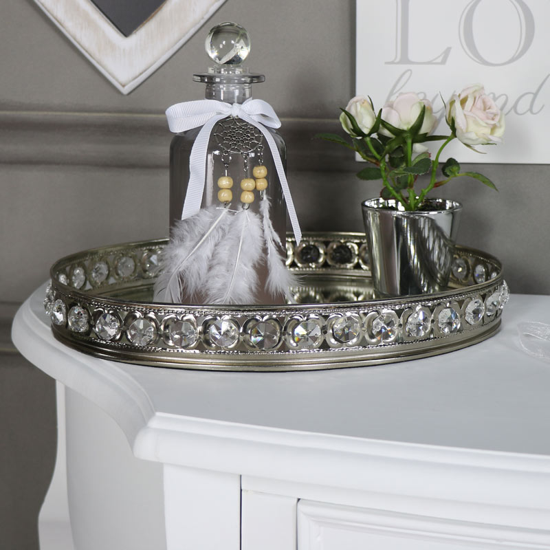Large Jewelled Oval Silver Mirrored Tray Plate Candle Vintage A Beautifully Decorative Mirrored Display Tray In That Will Add Look Of Vintage French Luxury An Oval Shape With Beautiful Jewelled Decoration