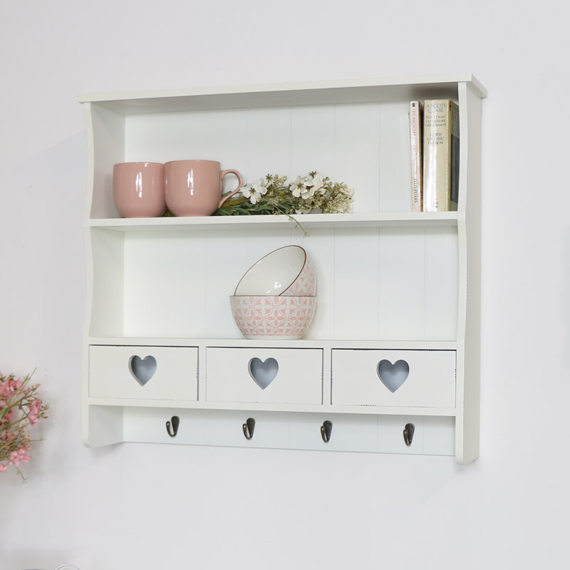 Large Cream Wall Shelf with Heart Drawer Storage
