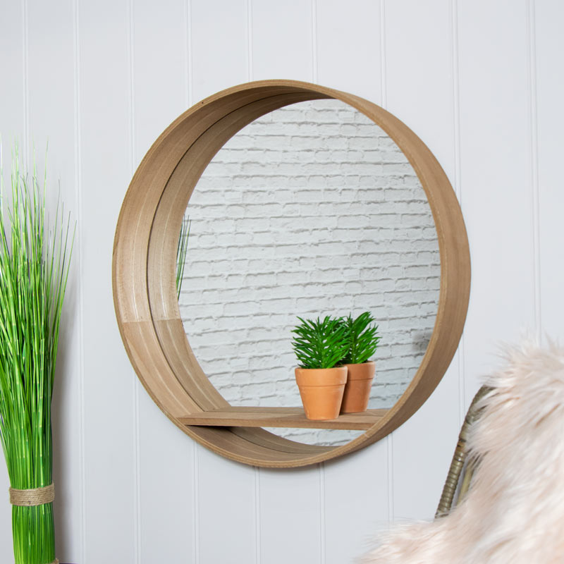 Large Round Natural Wooden Wall, Round Mirror With Wooden Shelf Uk
