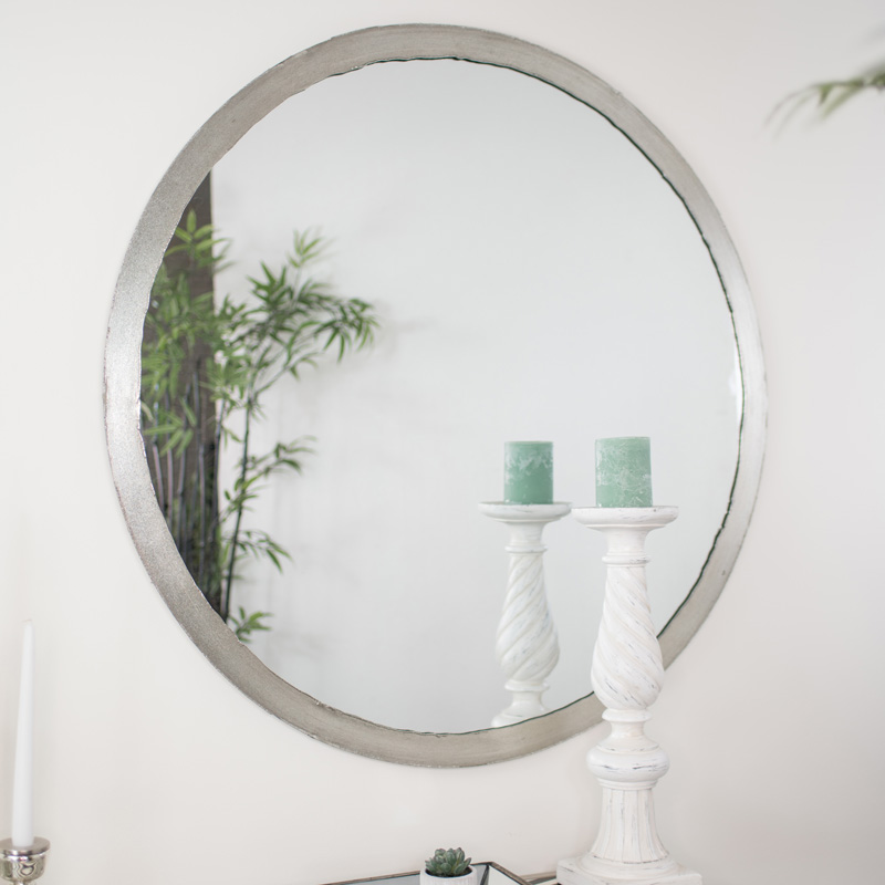 Large Round Rustic Silver Wall Mirror 100cm x 100cm