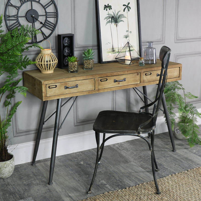 Large Rustic Industrial Three Drawer Desk, Industrial Console Table With Drawers Uk