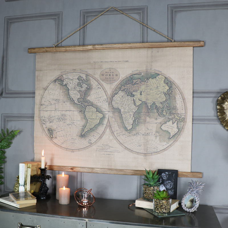 Hanging Canvas World Map Large Rustic World Map Hanging Canvas Print