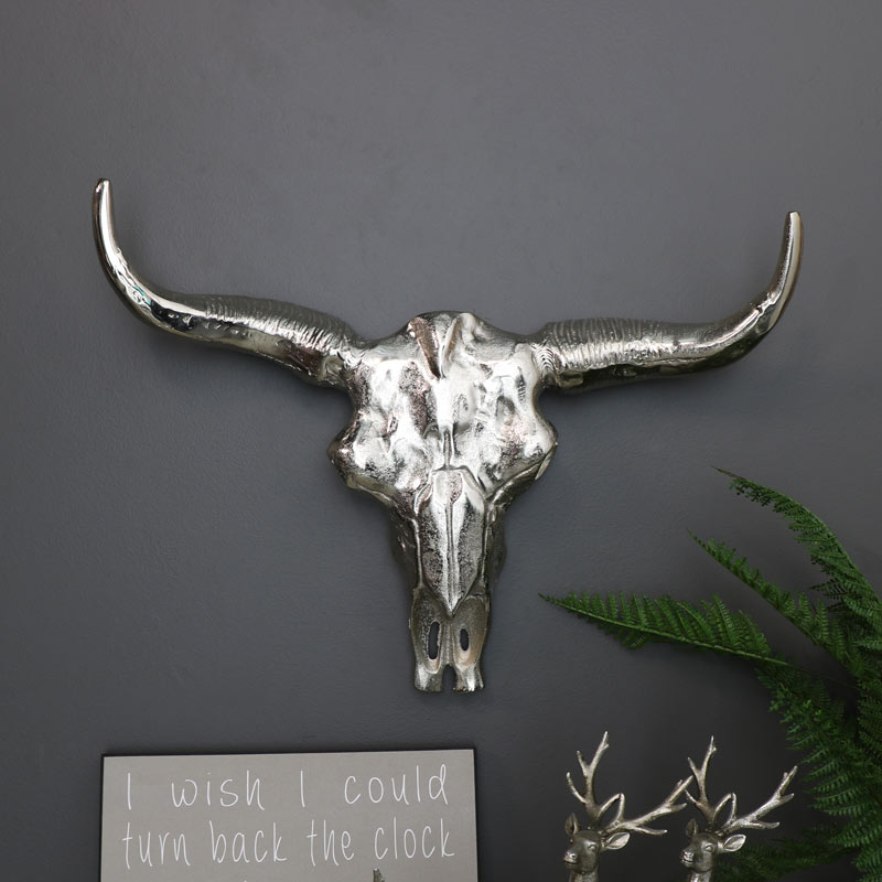 Large Silver Metal Wall Mounted Buffalo Skull