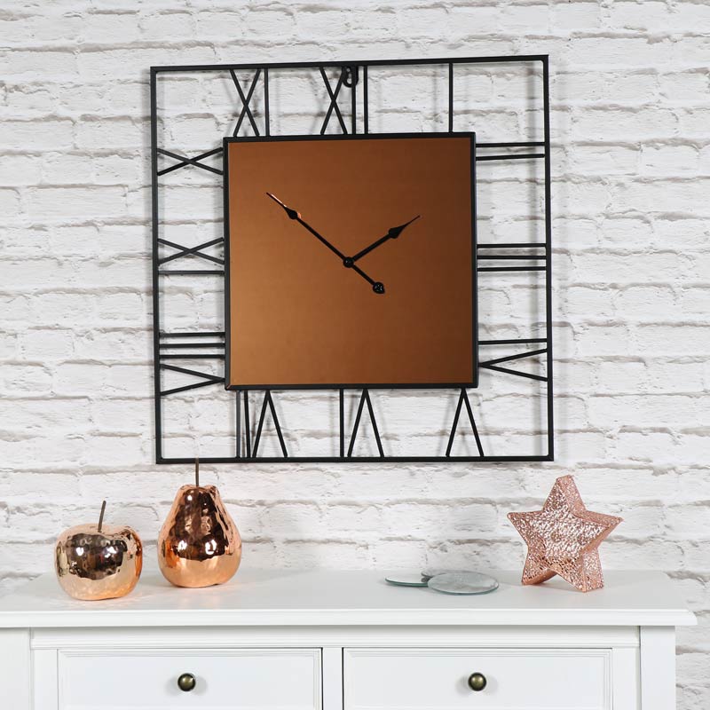 Large Square Copper & Black Skeleton Clock