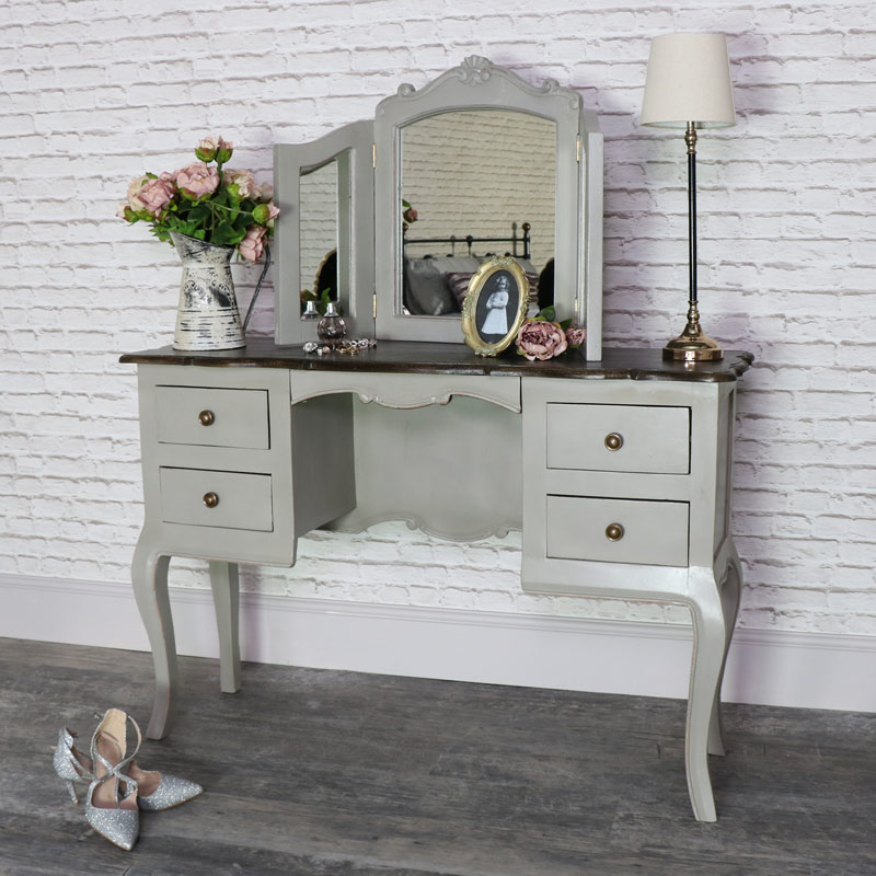 Large Vintage Grey Twin Pedestal Dressing Table And Mirror Set