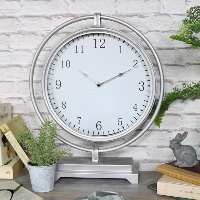 Large Vintage Round Silver Mantel Clock