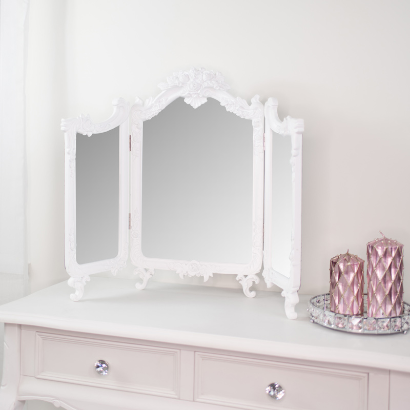 Large White Ornate Rose Triple Mirror, Ornate Vanity Mirror