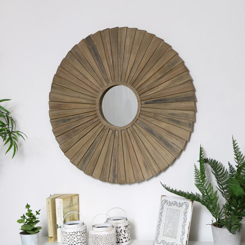 Large Wooden Sunburst Mirror, Round Mirror Wall Decor Wood