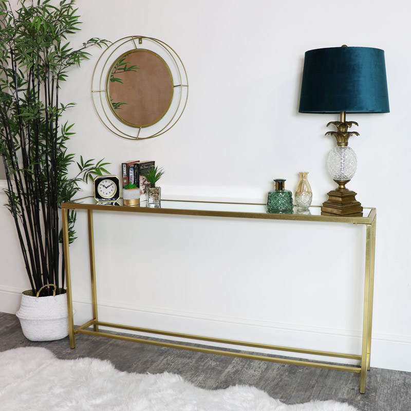 Long Mirrored Top Gold Console Table, Long Console Table
