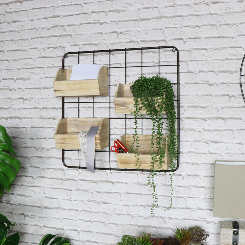 Metal Wall Frame With 4 Wooden Storage Hanging Boxes